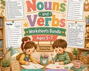Può includere: Un pacchetto di schede didattiche su nomi e verbi per bambini dai 5 ai 7 anni con due bambini che scrivono a una scrivania, fogli di grammatica, una lampada, un portapenne e libri. Il testo include Nouns and Verbs Worksheets Bundle.