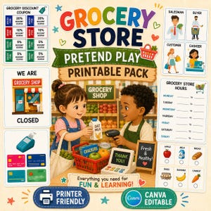 Può includere: Un colorato pacchetto stampabile per il gioco di finzione, con il tema del negozio di alimentari. Include illustrazioni di un negozio, bambini, coupon e vari alimenti. Il testo include "Grocery Store" e "Printable Pack".