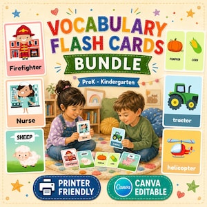 Op de afbeelding: Een kleurrijke set woordenschat flashcards voor kleuters. De afbeelding toont kinderen die spelen met kaarten met illustraties van een brandweerman, verpleegster, schaap, pompoen, maïs, tractor en helikopter. De tekst op de kaarten luidt "Vocabulary Flash Cards Bundle".