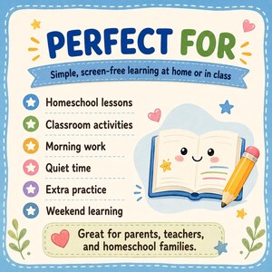 Pu&ograve; includere: Illustrazione colorata con la scritta &laquo;PERFETTO PER&raquo; e un elenco di attivit&agrave; di apprendimento. L'immagine include un libro sorridente e una matita, con la scritta &laquo;Apprendimento semplice e senza schermo a casa o in classe&raquo;.