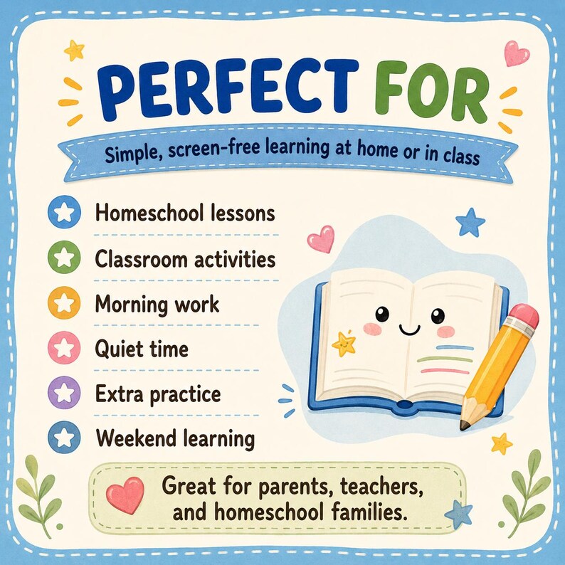 Pu&ograve; includere: Illustrazione colorata con la scritta &laquo;PERFETTO PER&raquo; e un elenco di attivit&agrave; di apprendimento. L'immagine include un libro sorridente e una matita, con la scritta &laquo;Apprendimento semplice e senza schermo a casa o in classe&raquo;.