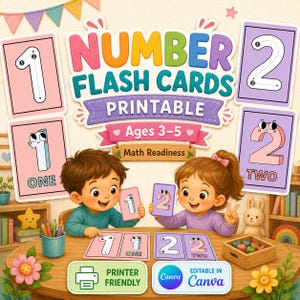 May include: A set of printable number flash cards featuring the text 'NUMBER FLASH CARDS PRINTABLE Ages 3-5 Math Readiness'. The cards display the numbers one and two with tracing guides, illustrations, and the written words 'ONE' and 'TWO'.
