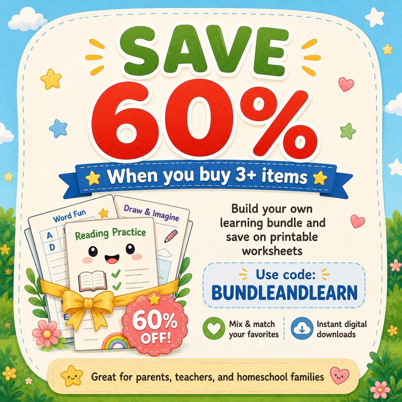 Pu&ograve; includere: Una grafica colorata che promuove fogli di lavoro stampabili. L'immagine presenta il testo "SAVE 60%" e "When you buy 3+ items." Include anche illustrazioni di fogli di lavoro, un nastro e un badge sconto. Il testo "BUNDLEANDLEARN" &egrave; anche visibile.
