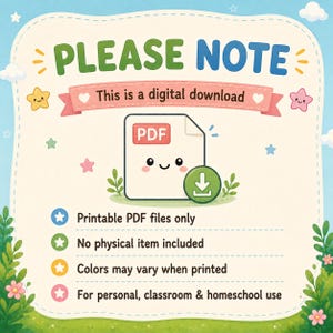 Pu&ograve; includere: Grafica per download digitale con il testo "PLEASE NOTE" in verde e blu. L'immagine include un'icona di file PDF con una faccia sorridente e una freccia di download. Il testo aggiuntivo recita: "Solo file PDF stampabili" e "Nessun articolo fisico incluso".