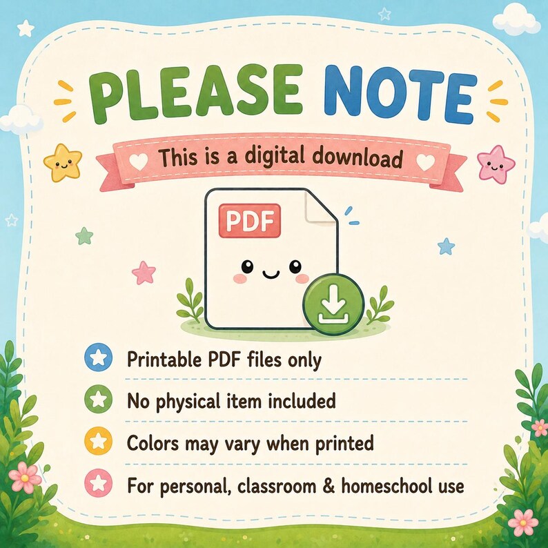 Pu&ograve; includere: Grafica per download digitale con il testo "PLEASE NOTE" in verde e blu. L'immagine include un'icona di file PDF con una faccia sorridente e una freccia di download. Il testo aggiuntivo recita: "Solo file PDF stampabili" e "Nessun articolo fisico incluso".