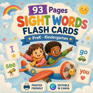 May include: Colorful illustration of sight words flash cards for PreK-Kindergarten. The image features two children in a plane, surrounded by flashcards with words like "I", "see", "go", and "you". The text "93 Pages" and "Sight Words Flash Cards" are prominently displayed.