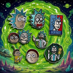 Op de afbeelding: Een verzameling van acht geborduurde patches met personages uit de animatieserie Rick and Morty, inclusief diverse gezichtsuitdrukkingen, een rechthoekige patch met het woord SCIENCE en een personage dat een gouden handschoen vasthoudt.