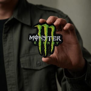 Op de afbeelding: Een geborduurde patch met het Monster Energy logo in fel limoengroen en wit garen op een zwarte achtergrond. Het ontwerp bevat het iconische drievoudige klauwteken boven de tekst Monster Energy in een vetgedrukt, gestileerd lettertype.