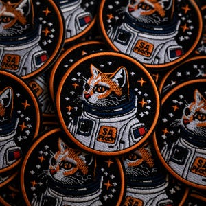 Può includere: Una toppa ricamata circolare raffigurante un gatto calico che indossa una tuta da astronauta bianca su sfondo nero con stelle arancioni. La tuta include un colletto blu scuro, un piccolo quadrato arancione con il testo SA PECT e una bandiera rossa e blu.