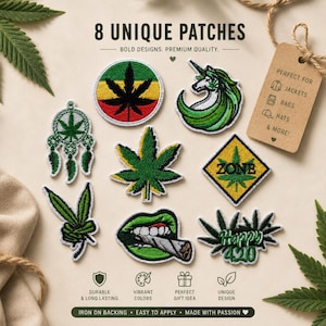 Puede incluir: Una colección de ocho parches bordados únicos con varios diseños, incluyendo hojas de cannabis, un unicornio y el texto "Happy 420". Los parches son de colores vibrantes y son para planchar, adecuados para chaquetas, bolsos y sombreros.