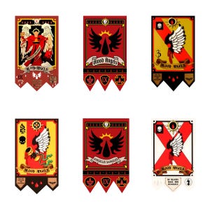 May include: Six rectangular banners with pointed bottoms featuring Blood Angels iconography. Designs include winged figures, chalices, skulls, and the text Blood Angels, Angelus Sanguis, and Be Bloody, Bold, And Resolute in red, black, white, and gold.