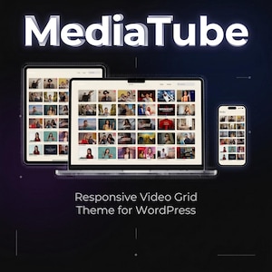 May include: A digital display of a website interface on a tablet, laptop, and smartphone. The website features a grid of video thumbnails. The text "MediaTube" is at the top, and "Responsive Video Grid Theme for WordPress" is at the bottom.