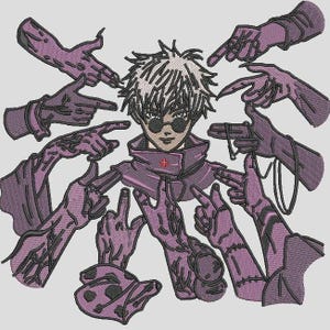 Könnte beinhalten: Ein gestickter Aufnäher mit einer zentralen Anime-Figur mit stacheligem weißem Haar und runder schwarzer Brille, die eine violette Jacke mit hohem Kragen trägt. Die Figur ist von mehreren violetten Armen umgeben, die auf sie zeigen.