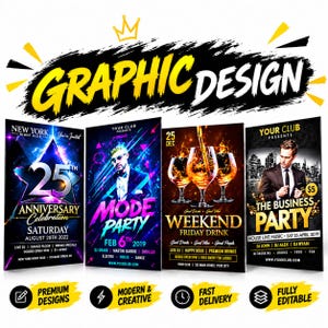May include: A collection of four rectangular event flyers featuring bold typography and vibrant imagery. The designs include a 25th anniversary celebration, a mode party, a weekend drink event, and a business party, all with distinct colour schemes.