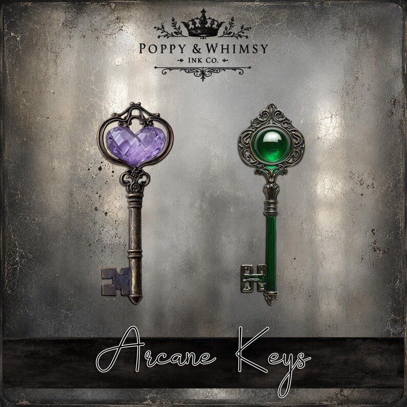 Close up view of two printable keys from Arcane Keys showing the high resolution textures and detailed dark fantasy clockwork style keys.