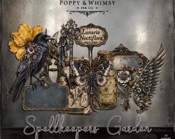 Zbiór akcentów Spellkeepers Garden | Ciemne botaniczne efemerydy | Vintage Garden PNG Clipart | Elementy Junk Journal & Scrapbook