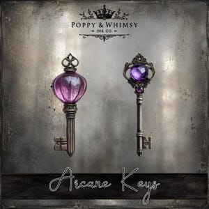 Close up view of two printable keys from Arcane Keys showing the high resolution textures and detailed dark fantasy clockwork style keys.