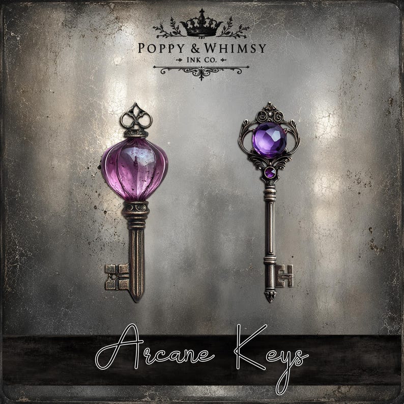 Close up view of two printable keys from Arcane Keys showing the high resolution textures and detailed dark fantasy clockwork style keys.