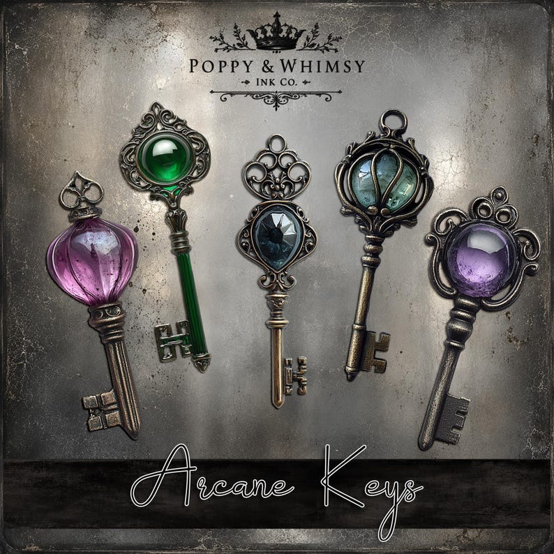 Arcane Keys digital clipart sheet from Poppy and Whimsy Ink Co. featuring five vintage ornate keys with glowing green purple and blue gemstone centers and antique bronze filigree details.