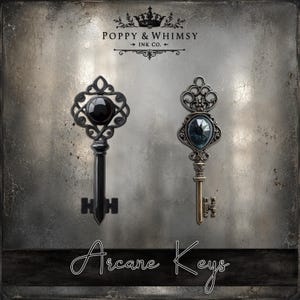 Close up view of two printable keys from Arcane Keys showing the high resolution textures and detailed dark fantasy clockwork style keys.