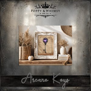 Digital art mockup of textured witchy key elements from Arcane Keys displayed inside a rustic vintage frame to show high resolution details.
