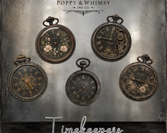 Zegarki kieszonkowe | Clipart z zegarkami vintage | Dziennik śmieciowy i scrapbooking | Wydrukowane, eleganckie wzory steampunkowe do pobrania w wersji cyfrowej