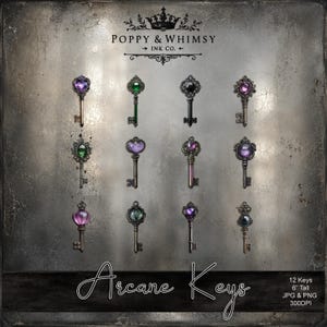 Overview of the complete Arcane Keys collection displaying the full set of 12 printable magical gemstone key clipart sheets from Poppy and Whimsy Ink Co.