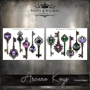 Preview displaying the organized printable sheets of vintage gothic key fussy cuts ready for junk journal and papercraft projects.