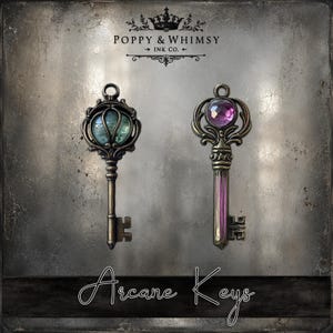 Close up view of two printable keys from Arcane Keys showing the high resolution textures and detailed dark fantasy clockwork style keys.