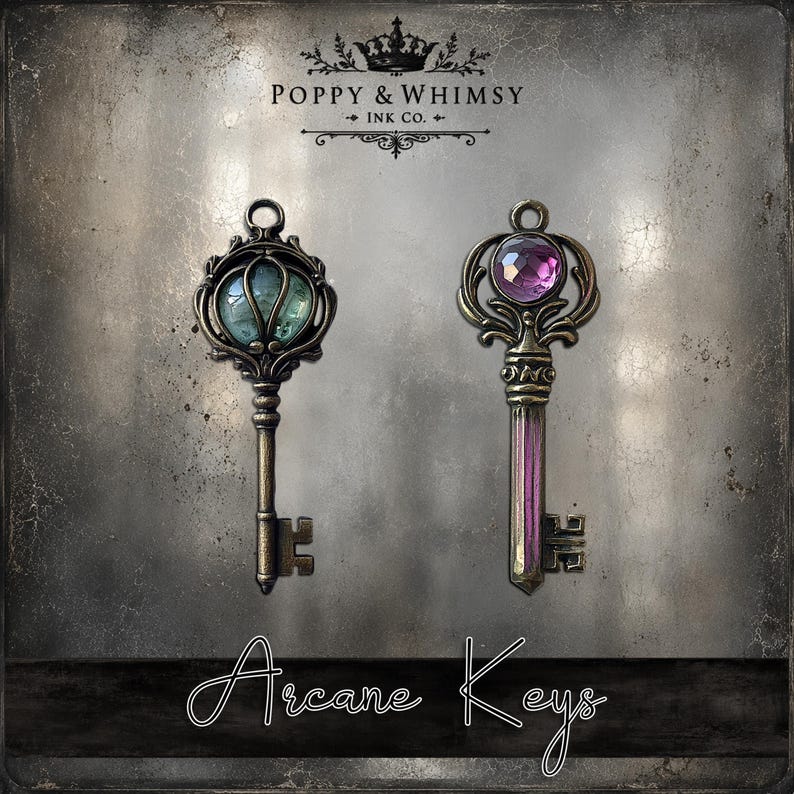 Close up view of two printable keys from Arcane Keys showing the high resolution textures and detailed dark fantasy clockwork style keys.