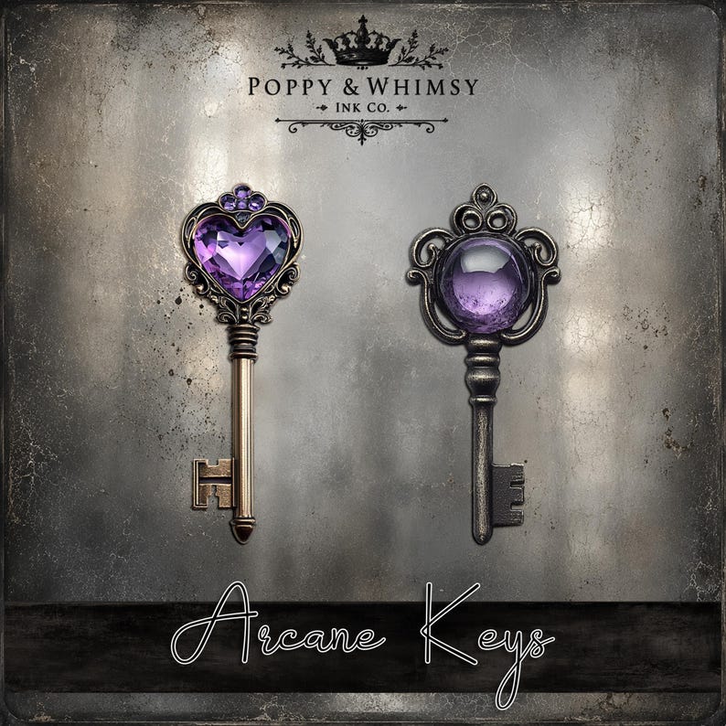 Close up view of two printable keys from Arcane Keys showing the high resolution textures and detailed dark fantasy clockwork style keys.
