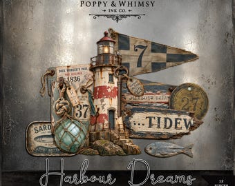 Akcenty zebrane w Harbour Dreams | Vintage Nautical Ephemera | Coastal Digital PNG Clipart | Elementy Junk Journal & Scrapbook