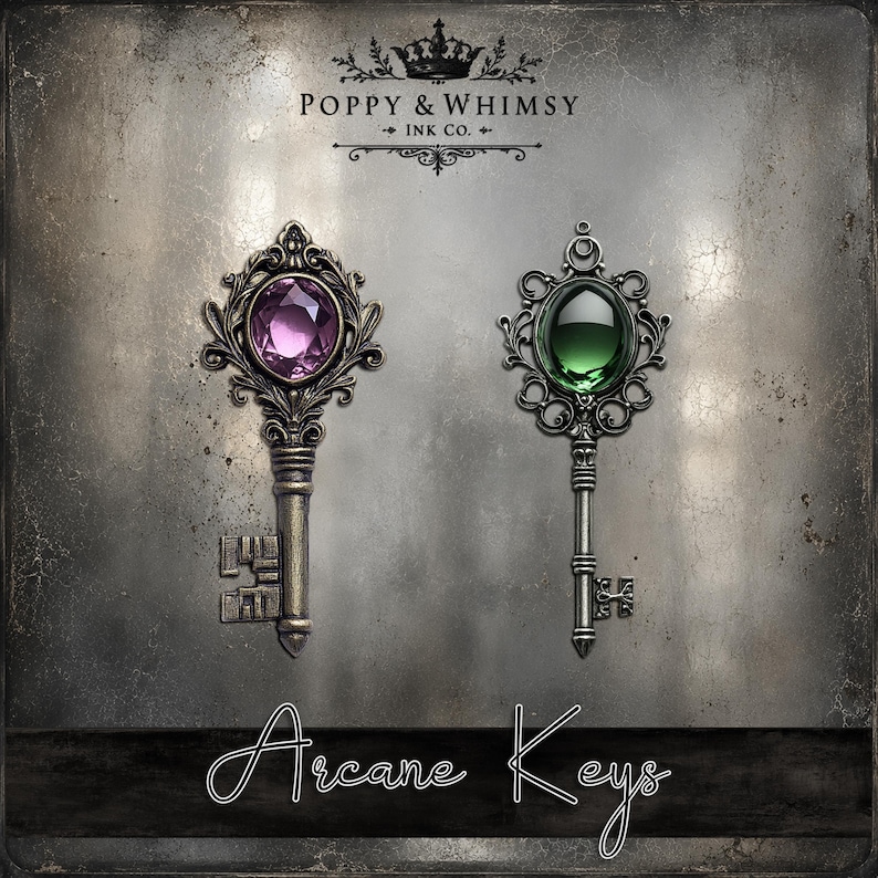 Close up view of two printable keys from Arcane Keys showing the high resolution textures and detailed dark fantasy clockwork style keys.