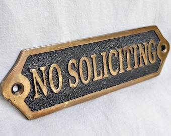Solid Brass "No Soliciting" Door Sign | Rustic Entryway Plaque
