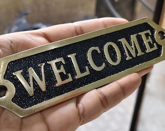 Solid Brass Welcome Plaque, Antique Vintage Door Sign, Raised Lettering Entryway Decor