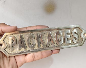 Brass PACKAGES Sign Plaque | Antique or Polished Finish | Mail Room Door Sign