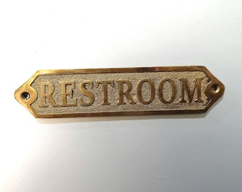 Solid Brass RESTROOM Sign – Antique or Polished Finish – Vintage Bathroom Plaque
