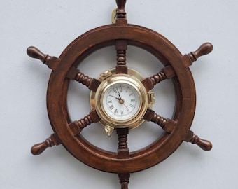 Nautical Ship Wheel Clock | Vintage Wood and Brass Maritime Wall Decor