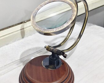 Antique Brass Magnifier on Adjustable Curved Stand & Wooden Base, Gift for book lovers