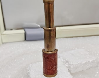 Vintage Brass Spyglass Telescope with Hand-Carved Wooden Leather Grip | Nautical Pirate Telescope | Maritime Decor