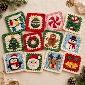 May include: A collection of twelve square crochet coasters featuring various Christmas motifs including a string of lights, a green ornament, a peppermint candy, a candy cane, a tree, a wreath, a gingerbread person, a snowman, a penguin, Santa, a reindeer, and bells.