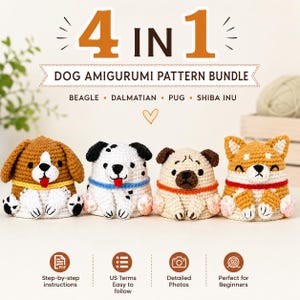 Bundel haakpatronen voor honden (PDF), 4 amigurumi puppy haakpatronen, realistische hond gehaakt, beginnershandleiding, direct te downloaden