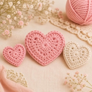 May include: Three crocheted heart-shaped appliques arranged in a row. The centre heart is larger and light pink, flanked by a smaller light pink heart on the left and a cream-coloured heart on the right. Each heart features a textured stitch pattern.