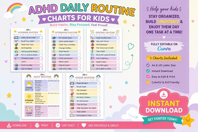 ADHD Routine Chart for Kids | Printable Autism Visual Schedule | Daily ...