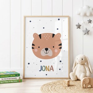 Puede incluir: Una lámina enmarcada con la cara de un tigre estilizado en color tostado con rayas negras, mejillas rosadas y una nariz pequeña. Debajo del tigre, el nombre JONA está impreso en letras coloridas. El fondo es blanco con puntos azul oscuro.