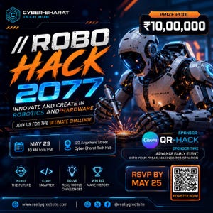 May include: Promotional graphic for the Robo Hack 2077 event, featuring a futuristic robot welding. The event focuses on robotics and hardware innovation. Details include the date, time, location, and a QR code for registration.