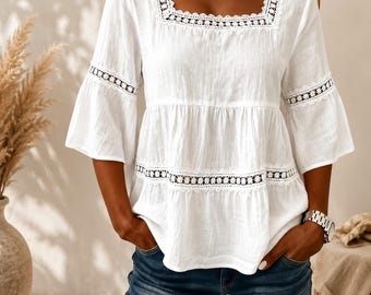 Blusa de mujer con ribete de encaje, cuello cuadrado, corte holgado, estilo bohemio veraniego.