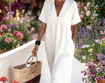 Robe longue bohème en lin pour femme, tenue de vacances d'été à la plage à col en V avec poches