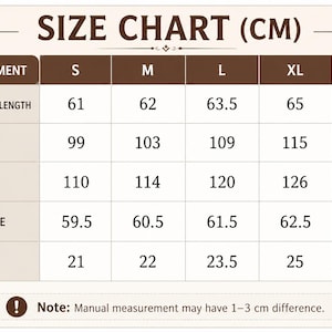 May include: Size chart in centimeters for clothing measurements. Includes front length, bust, hem, sleeve, and cuff measurements for sizes S, M, L, XL, and XXL. Note: Manual measurement may have 1-3 cm difference.