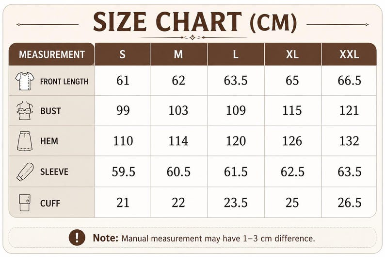 May include: Size chart in centimeters for clothing measurements. Includes front length, bust, hem, sleeve, and cuff measurements for sizes S, M, L, XL, and XXL. Note: Manual measurement may have 1-3 cm difference.